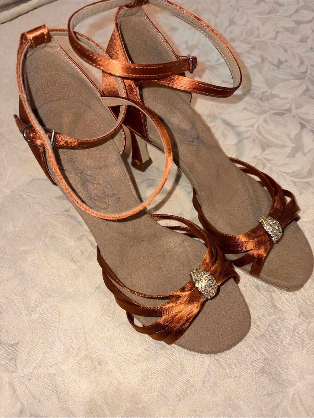 Copper Satin Strappy Heels with Rhinestone Accent . ballroom dance shoes.  SZ 5